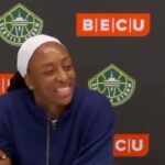 Nneka Ogwumike celebrates during a WNBA game, now the first player to sign with Project B.