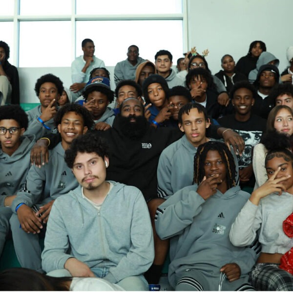 James Harden speaking to students during a surprise visit at Dorsey High School in Los Angeles