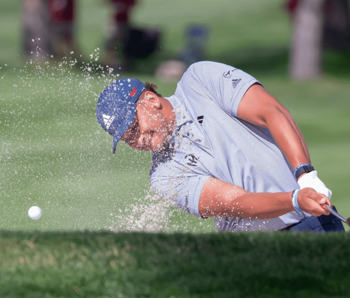 Patrick Mahomes wearing Adidas golf apparel during a promotional launch event.