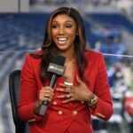 Maria Taylor presenting the Vince Lombardi Trophy to the Seattle Seahawks after hosting the Super Bowl LX pregame show on NBC.