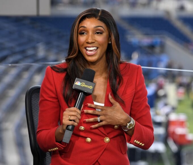 Maria Taylor presenting the Vince Lombardi Trophy to the Seattle Seahawks after hosting the Super Bowl LX pregame show on NBC.